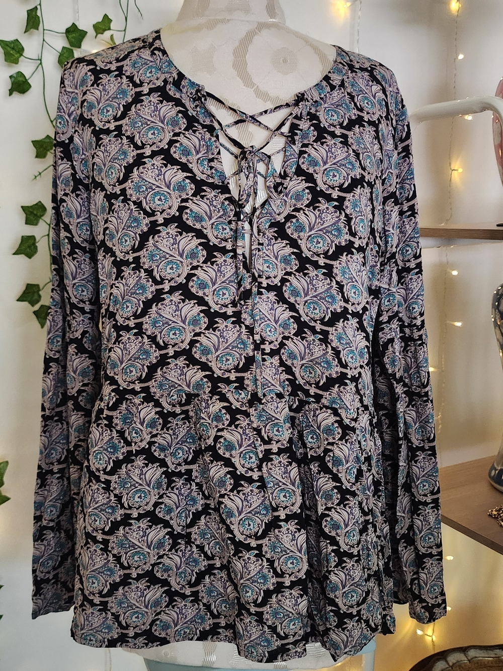 Daniel Rainn Boho Black Purple Paisley Lace-Up V-Neck Top with Teal Accents